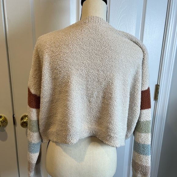 Altar’d State Teddy Bear Sweater Cropped Size L Cream With Striped Sleeves Soft - Picture 3 of 11